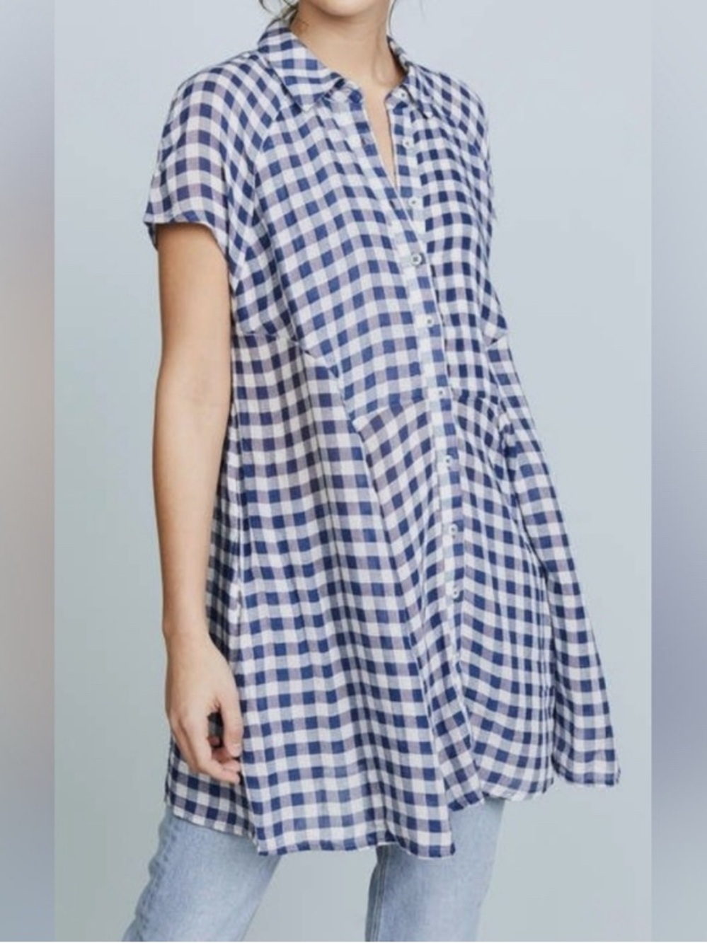 Free People New Spring Love Tunic , Size Medium , Navy/ White Gingham